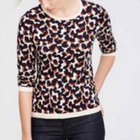 Ann Taylor Leopard Wool Blend Sweater Crew Neck 3/4 Sleeve Navy Brown Cream L - Picture 1 of 10